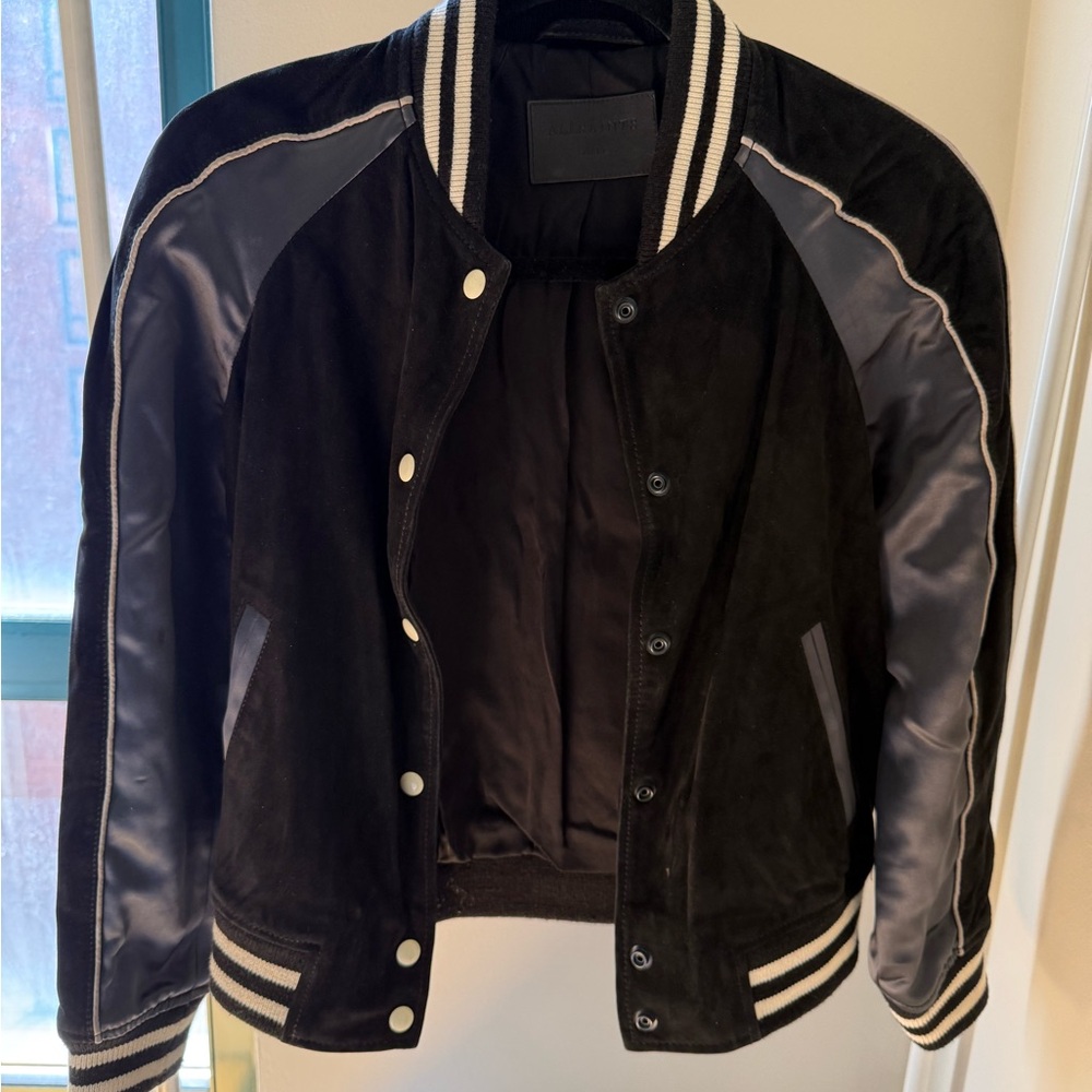 All Saints Black Suede Bomber Jacket with Dark Satin Sleeves